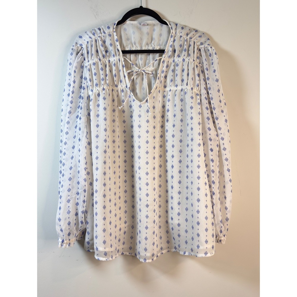 Old Navy Blouse White Blue Geometric Tie Neck Boho Women XL